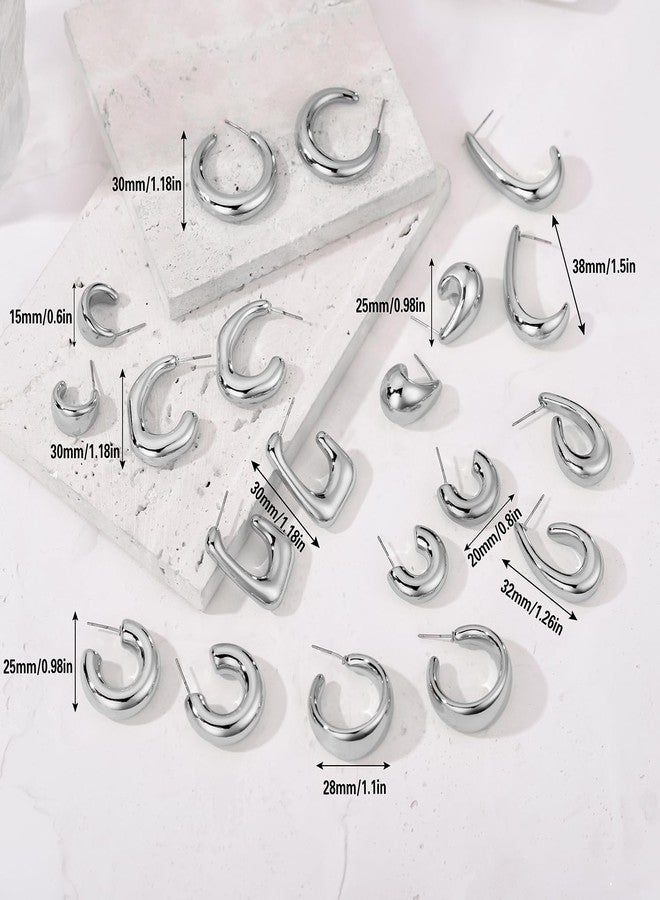 FOURPG 10 Pairs Chunky Silver Dangle Earrings for Women Hypoallergenic Trendy Thick Silver Plated Hoop Earrings Set Lightweight Jewelry (SILVER-10P) - Image 5